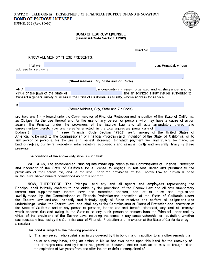 California Escrow Agent Bond Form