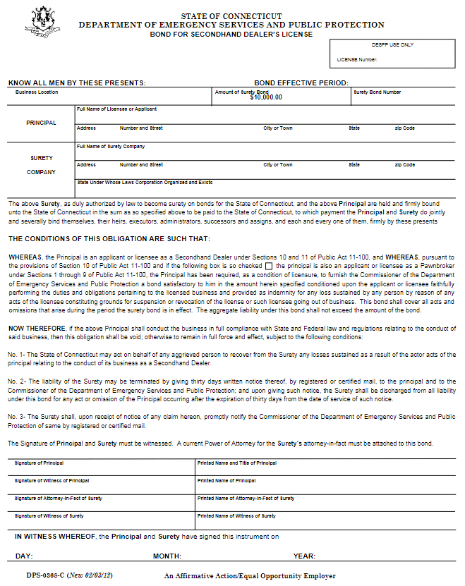 Connecticut Secondhand Dealer Bond Form