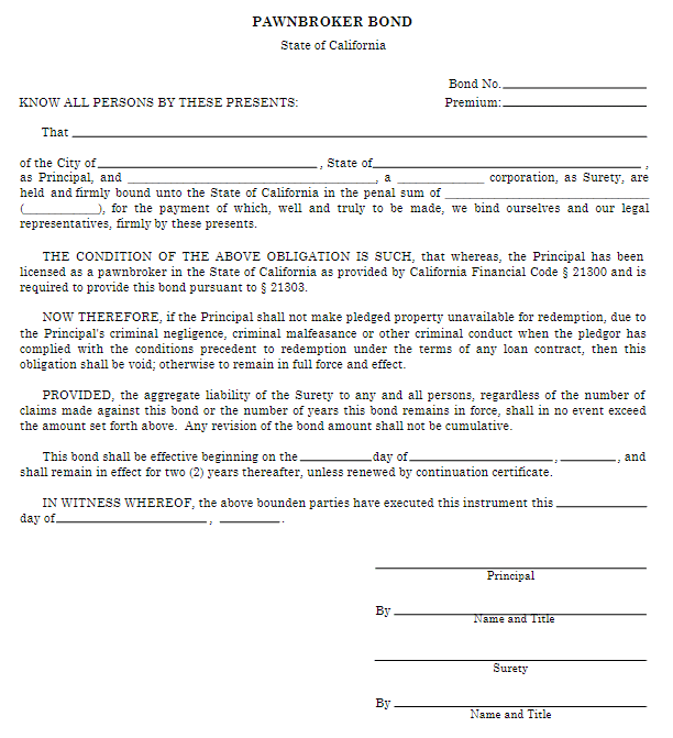 California Pawnbroker Bond Form