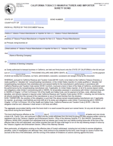 California Tobacco Manufacturer and Importer Bond Form