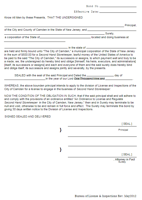 Camden Secondhand Shopkeeper Bond Form