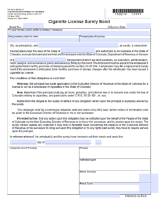 Colorado Cigarette License Bond Form