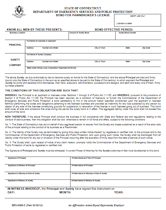 Connecticut Pawnbroker Bond Form