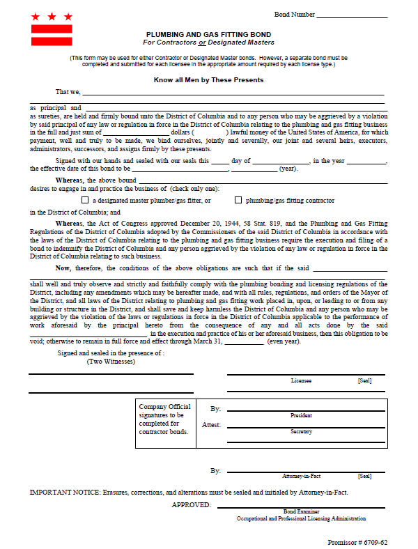 District of Columbia plumbing gas fitting contractor bond form