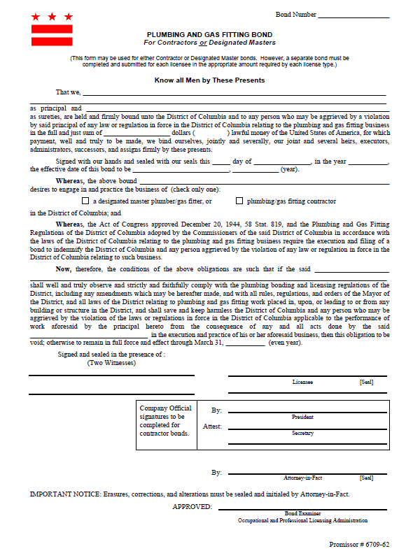 DC master plumber gas fitter bond form