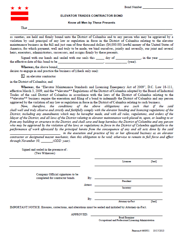 District of Columbia elevator contractor bond form