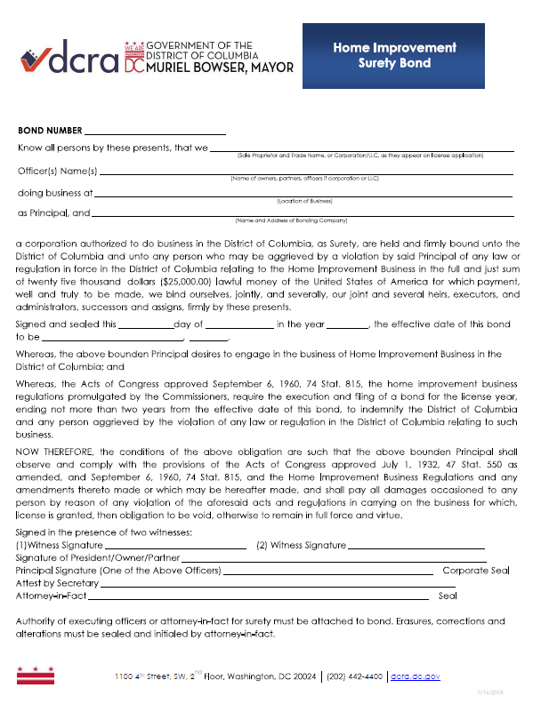 District of Columbia Home Improvement Contractor Bond Form