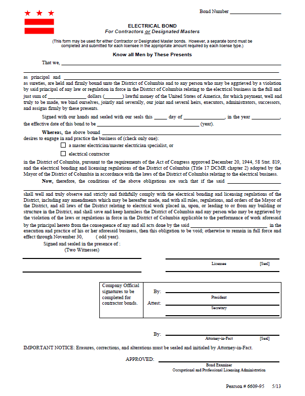 District of Columbia master electrician bond form
