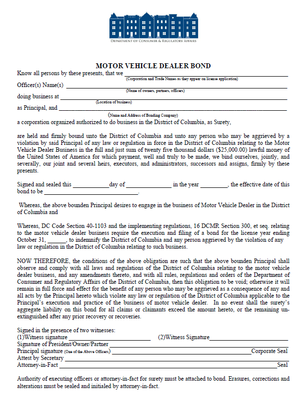 dc auto dealer bond form