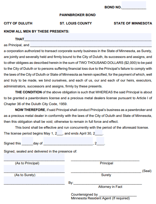 Duluth Pawnbroker Bond Form