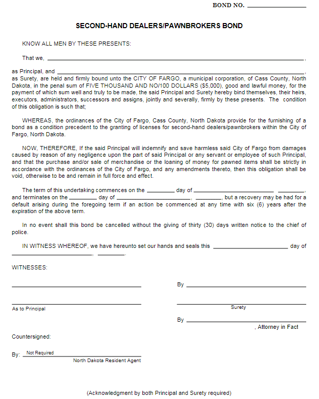 Fargo Secondhand Dealer Bond Form