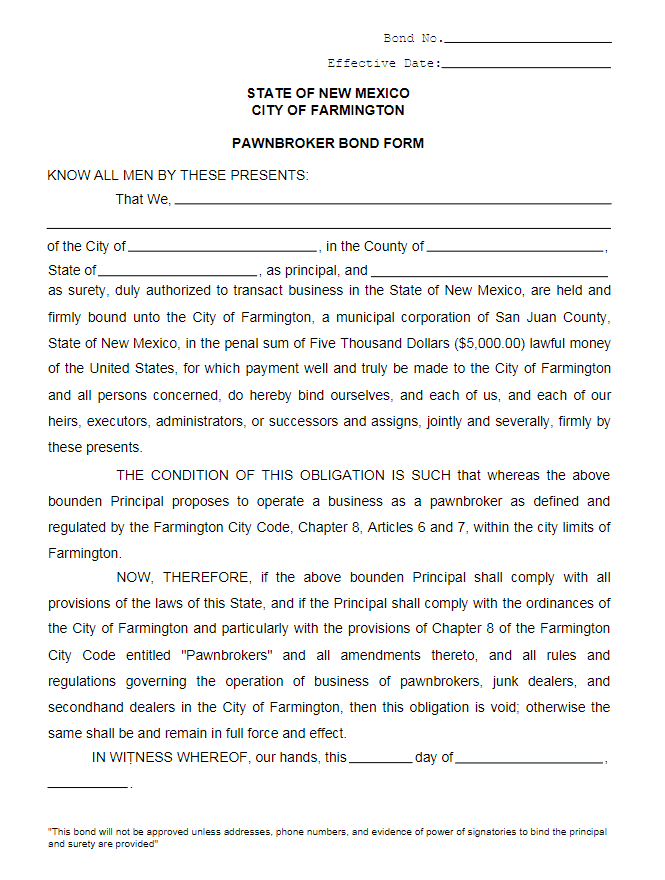 Farmington Pawnbroker Bond Form