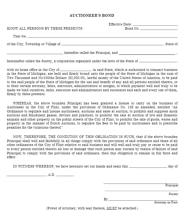 Flint Auctioneer Bond Form