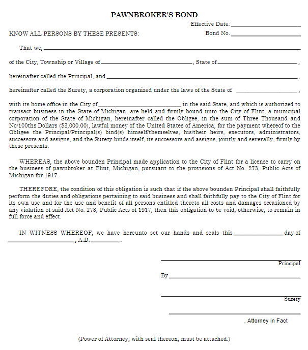 Flint Pawnbroker Bond Form