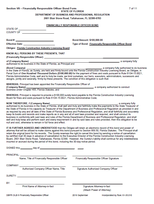 Florida Financially Responsible Officer Bond Form