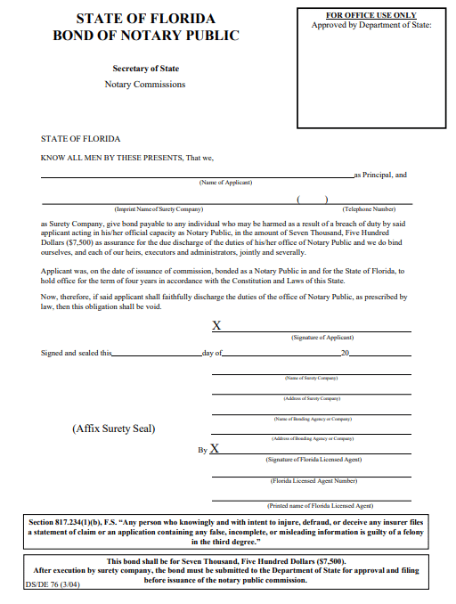 Florida Notary Public Bond Form