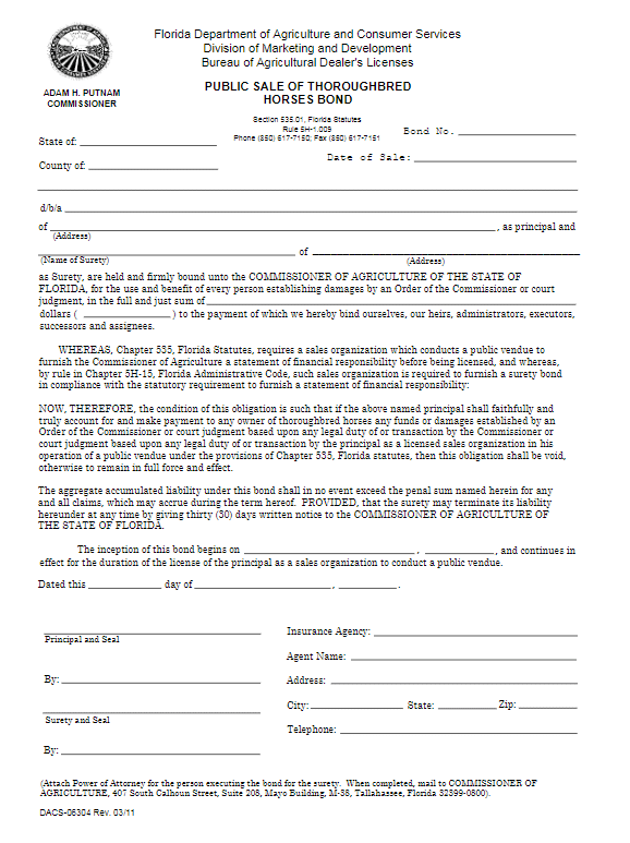 Florida Public Sale of Thoroughbred Horses Bond Form