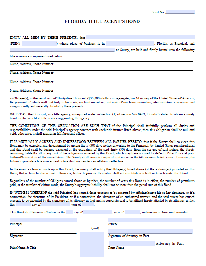 Florida Title Agent Bond Form