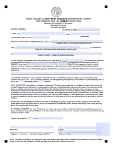 Georgia Cigar, Cigarette, and Vapor Products Distributor Bond Form