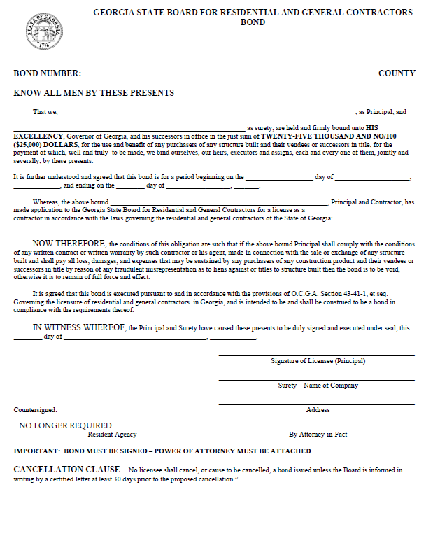 Georgia Residential and General Contractor Bond Form