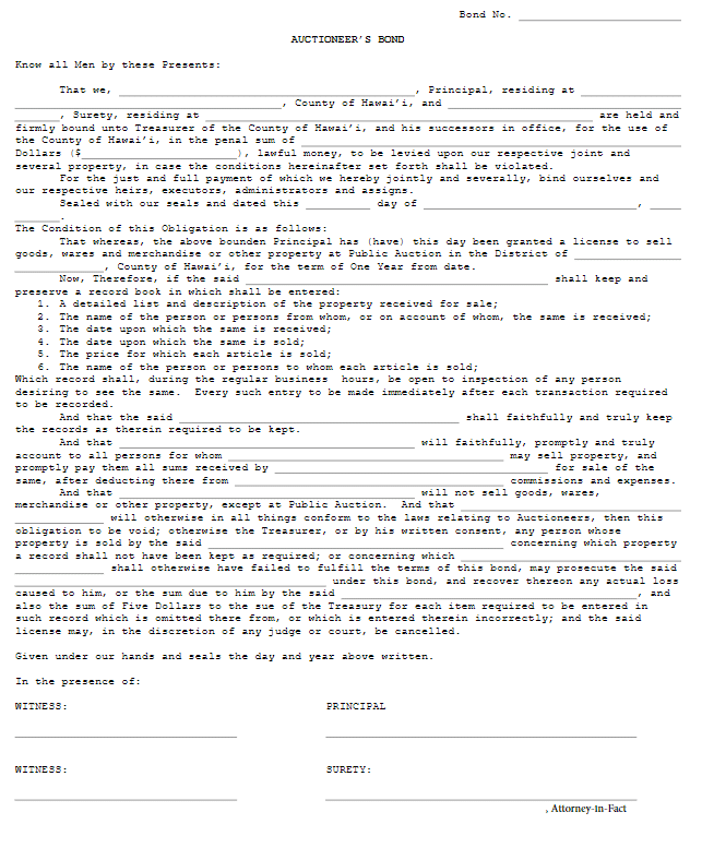 Hawaii County Auctioneer Bond Form