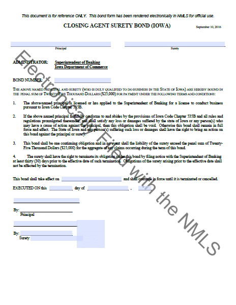 Iowa Closing Agent Bond Form