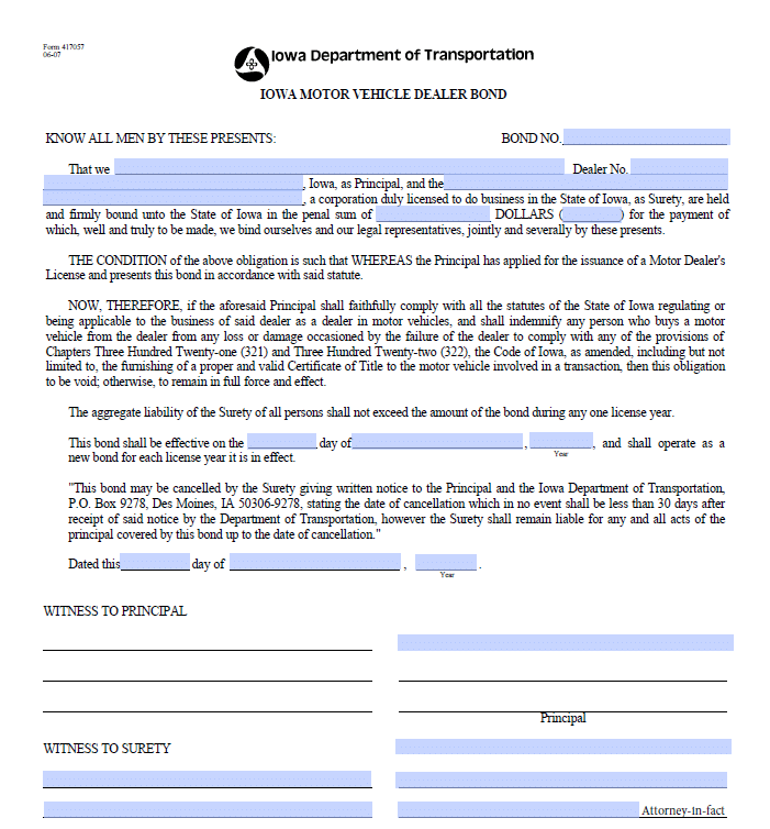 Iowa auto dealer bond form