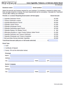 Iowa Cigarette Distributor, Wholesaler, and Distributing Agent Bond Form