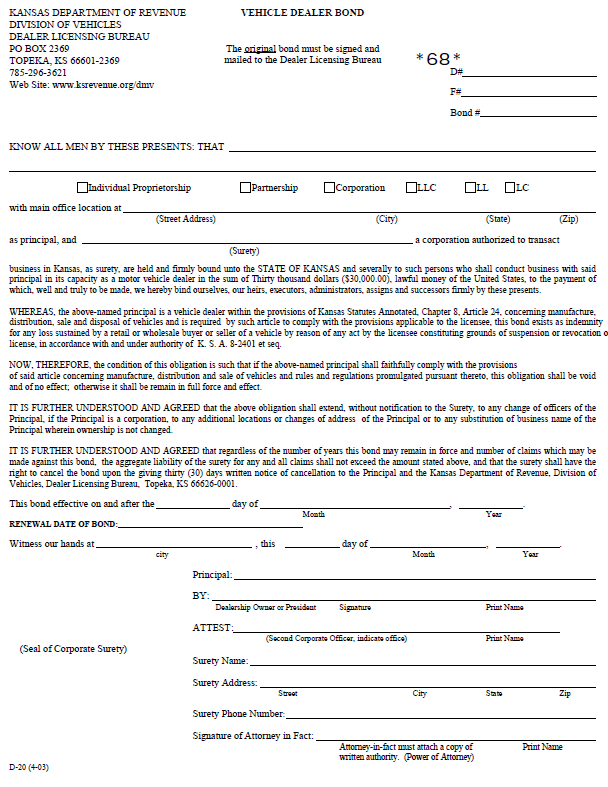 Kansas auto dealer bond form