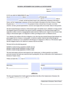 Kansas Title Agent: Escrow, Settlement, or Closing Accounts Bond Form