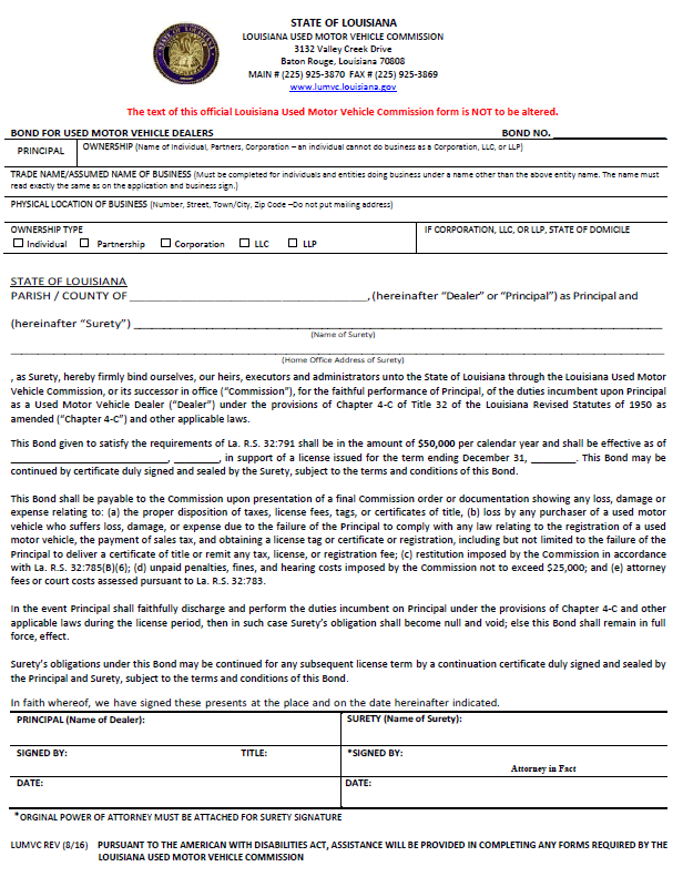 Louisiana auto dealer bond form