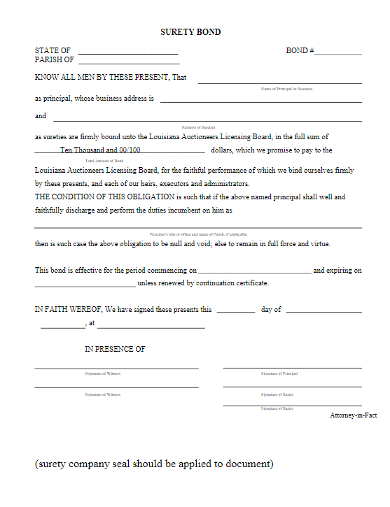 Louisiana Auctioneer Bond Form