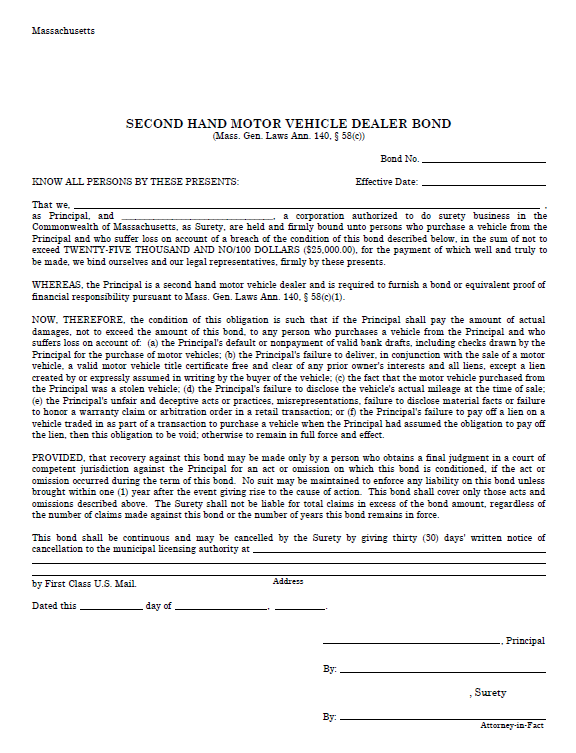 Massachusetts auto dealer bond form