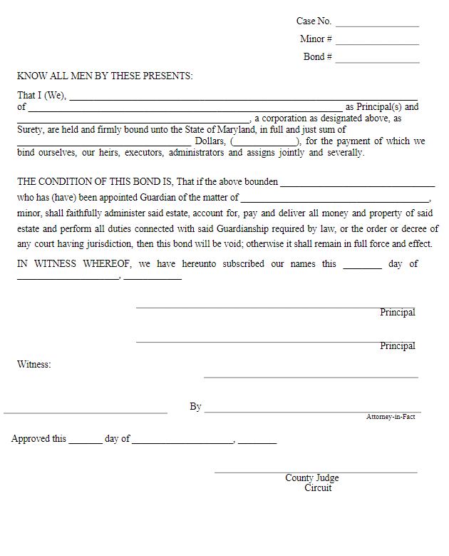 MARYLAND Guardian Bond Form