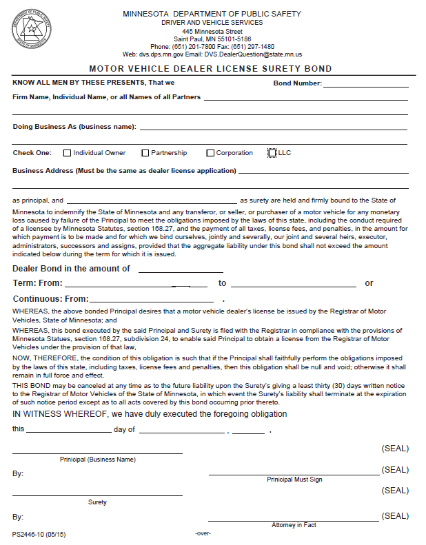 Minnesota auto dealer bond form