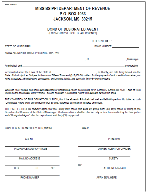 Mississippi auto dealer bond form