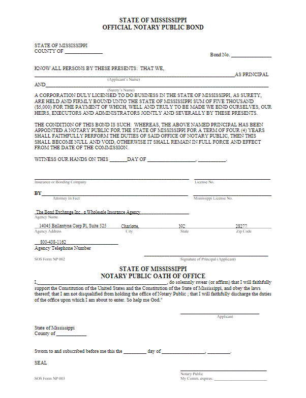 Mississippi Notary Public Bond Form