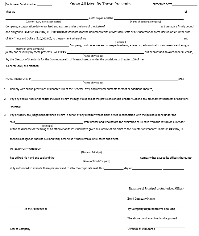 Massachusetts Auctioneer Bond Form