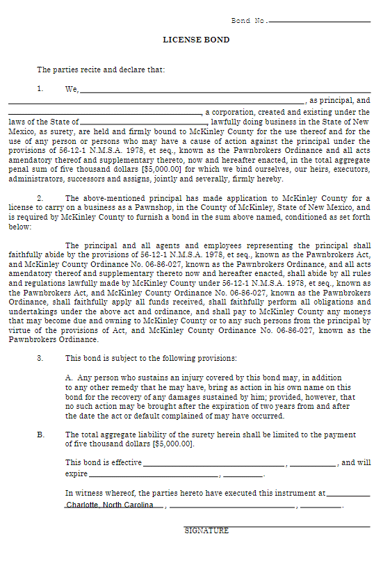 McKinley County Pawnbroker Bond Form