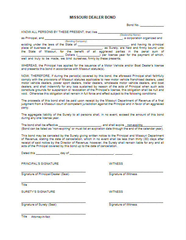 Missouri Motor Vehicle and/or Boat Dealer's License Bond