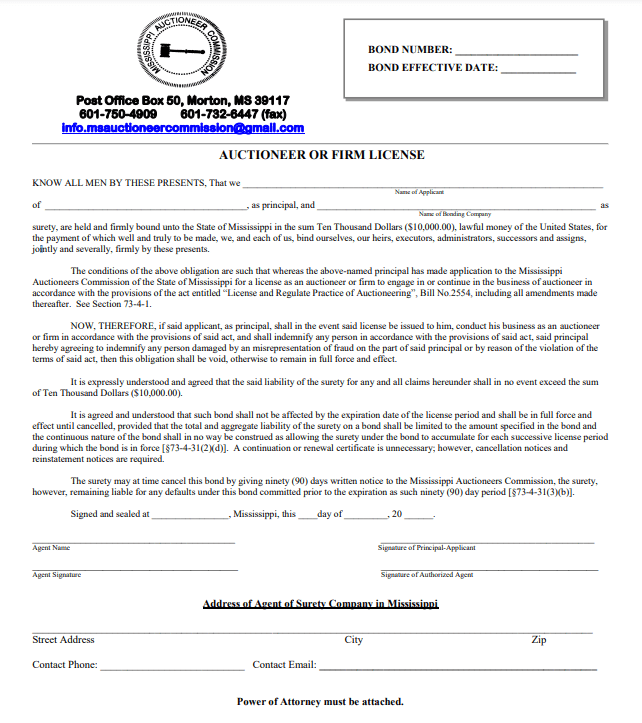 Mississippi Auctioneer Bond Form