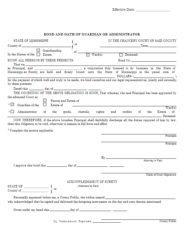 Mississippi Guardian Bond Form