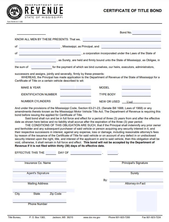 Mississippi Lost Title Bond Form