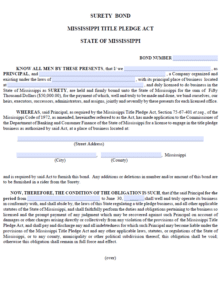 Mississippi Title Pledge Act Bond Form