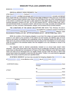 Missouri Title Lender Bond Form