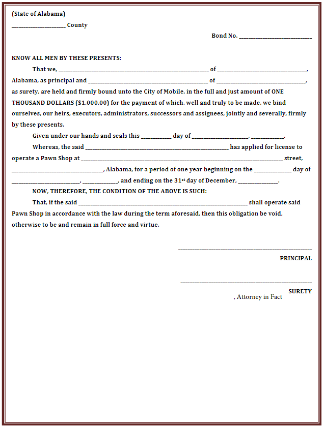 Mobile Pawnbroker Bond Form