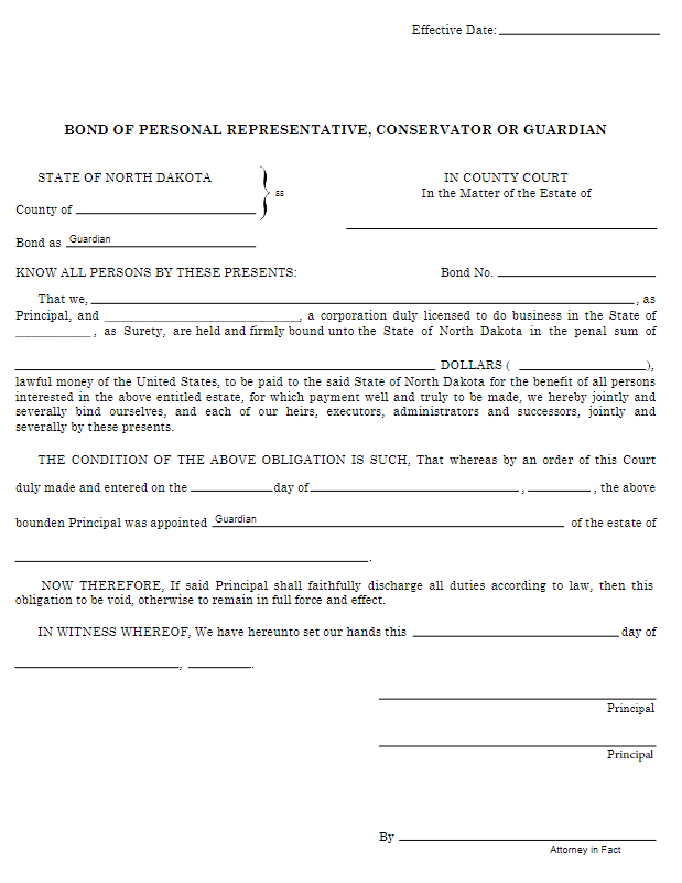 North Dakota Guardian Bond Form