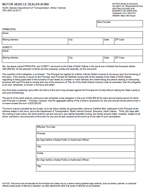 North Dakota auto dealer bond form