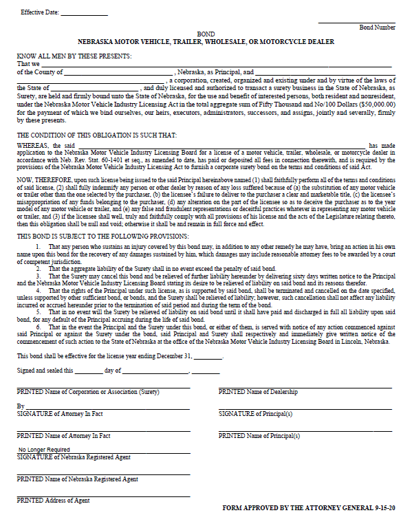 nebraska auto dealer bond