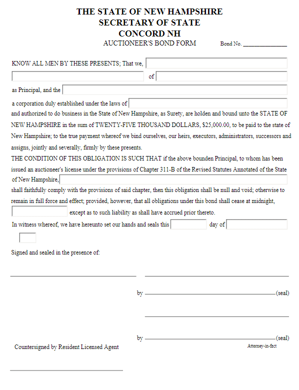 New Hampshire Auctioneer Bond Form